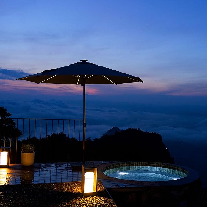 PURPLE LEAF 10 FT Semi-Auto Outdoor Patio Umbrella Market Table Sun Umbrellas with Led Lights and 8 Aluminum Sturdy Ribs for Backyard Deck Garden Pool(Gray Pole Gray Canopy)