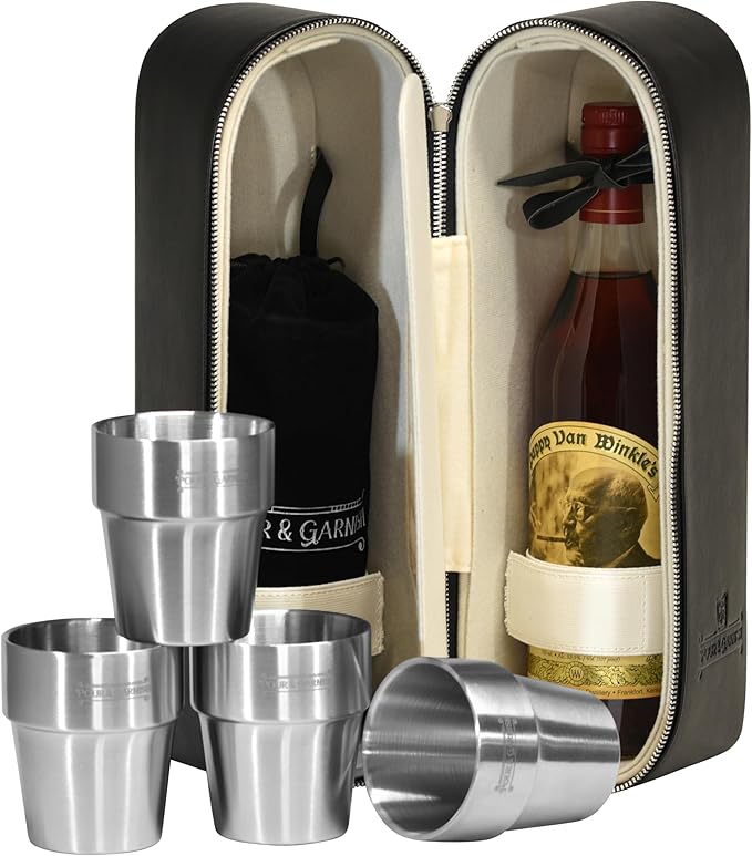 Bourbon Whiskey & Wine Double Bottle Travel Bag with 4 Stainless Steel Double-Walled Vacuum Insulated Glasses - Makes a Great Gift!