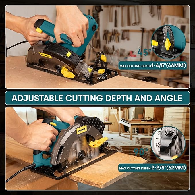 Enventor Circular Saw Corded, 14A Electric Circular Saws 7-1/4-Inch with Laser Guide, 2 Blade Saws (40T/24T), Max Cutting Depth 2-7/16"(90°), 1-13/16"(0°-45°), Single Handed Bevel, 5500RPM, Blue