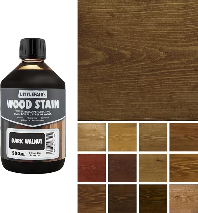 Littlefair's Wood Stain Water Based - 16.9oz/500ml - Indoor Furniture Stain Light & Dark Finishes - Special Non Toxic & Eco Friendly Formula - Wood Stain for Crafts - Color: Dark Walnut