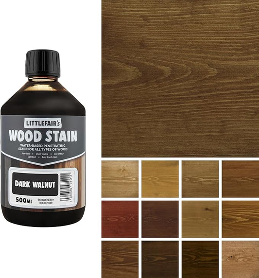 Littlefair's Wood Stain Water Based - 16.9oz/500ml - Indoor Furniture Stain Light & Dark Finishes - Special Non Toxic & Eco Friendly Formula - Wood Stain for Crafts - Color: Dark Walnut