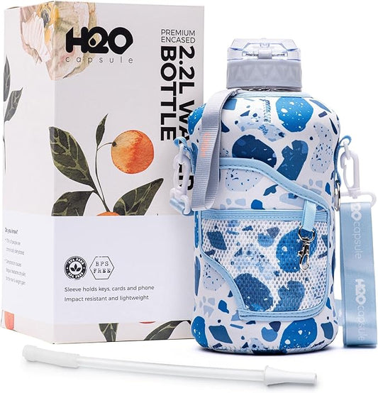 H2O Capsule 2.2L Half Gallon Water Bottle with Storage Sleeve and Removable Straw – BPA Free Large Reusable Drink Container with Handle - Big Sports Jug, 2.2 Liter (74 Ounce), Blue Collage