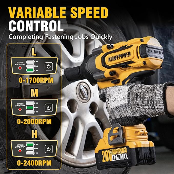 Cordless Impact Wrench, 900Ft-lbs (1200N.m) 1/2" Brushless Impact Gun, 20V High Torque Power Impact Driver, 2x4.0Ah Batteries,Brushless Motor 2400 RPM Variable Speeds for Family Car/Pickup Truck/Mower
