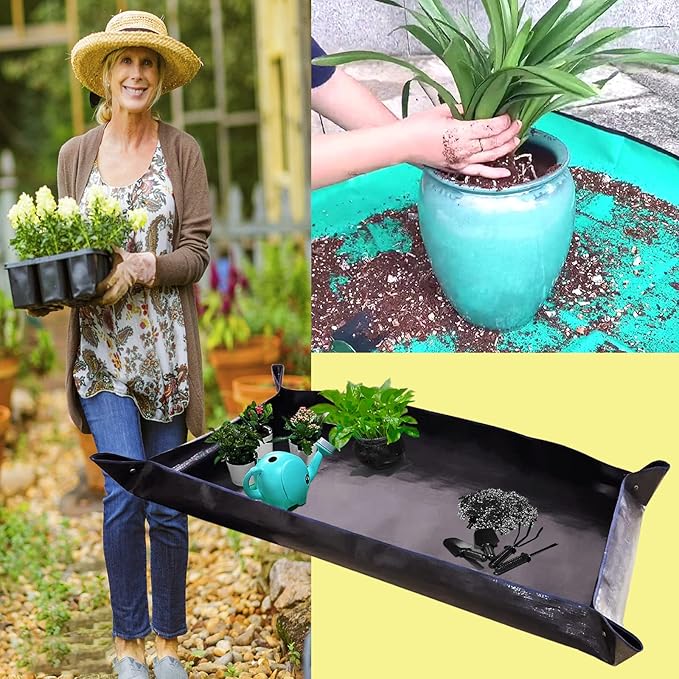 BIUWING 2 PCS Large Repotting Mat for Plant Transplanting and Mess Control, 43" X 29" Thickened Foldable Waterproof Plant Potting Tray, Portable Potting Mat Gardening Tray for House Plants Succulents