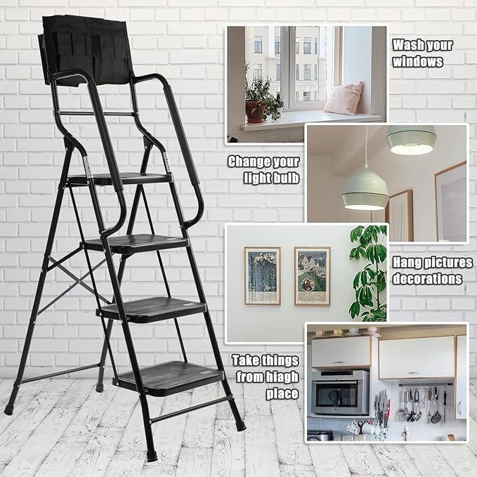 WiberWi 4 Step Ladder with Handrails 500 lb Capacity Step Stool Folding Portable Ladders for Home Kitchen Steel Frame with Non-Slip Wide Pedal Stepladder with Attachable Tool Bag Black