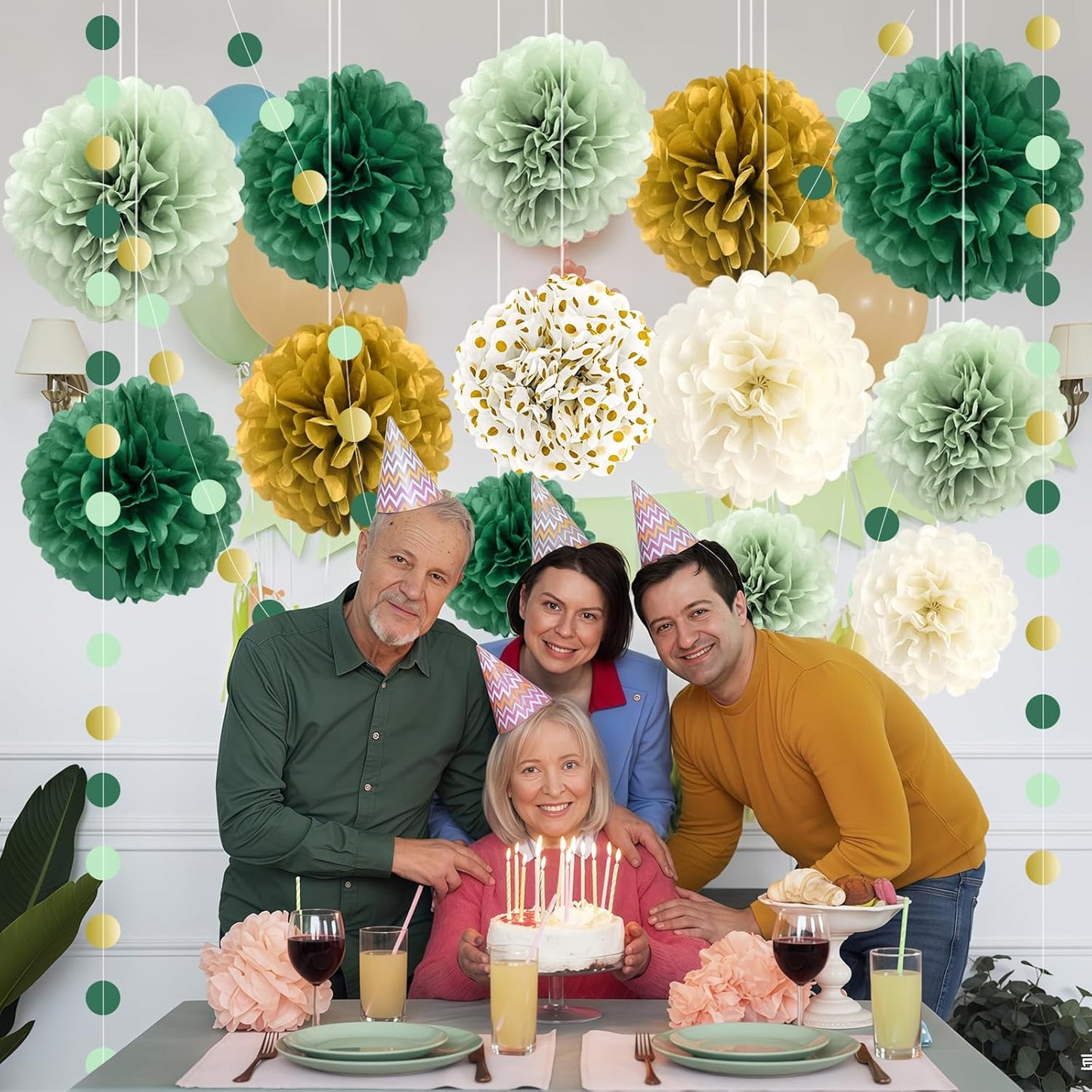 Green Wedding Party Decorations Set, 16 PCS Tissue Paper Pom Poms, Dots Paper Garland for Engagement, Green Boho Wedding, St. Patrick's Day Party, Baby Shower Party Decor