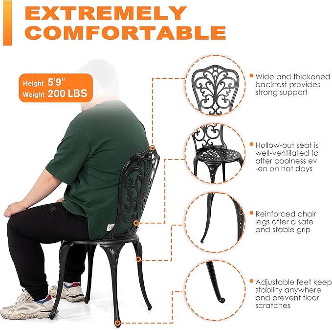 NUU GARDEN 3 Piece Bistro Set Outdoor, All Weather Cast Aluminum Patio Bistro Sets Patio Table and Chairs Set of 2 with Umbrella Hole for Yard, Balcony, Black, Butterfly Backrest