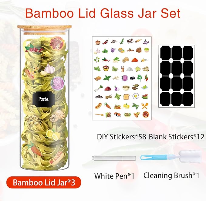 Glass Jars with Bamboo Lids, 72oz 3Pcs Kitchen Glass Containers with Bamboo Lids, Airtight Glass Pantry Storage Containers with Lids for Spaghetti, Pasta, Rice, Nuts, Flour, Bean, Dry Foods