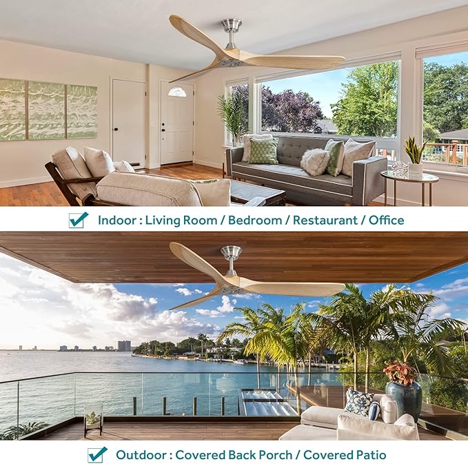 Sofucor 60" Ceiling Fan no Light and Remote Control, Outdoor Ceiling Fan Without Light, 3 Blade Ceiling Fan with Quiet Energy Saving Motor, 6 Speeds, Light Wood Grain