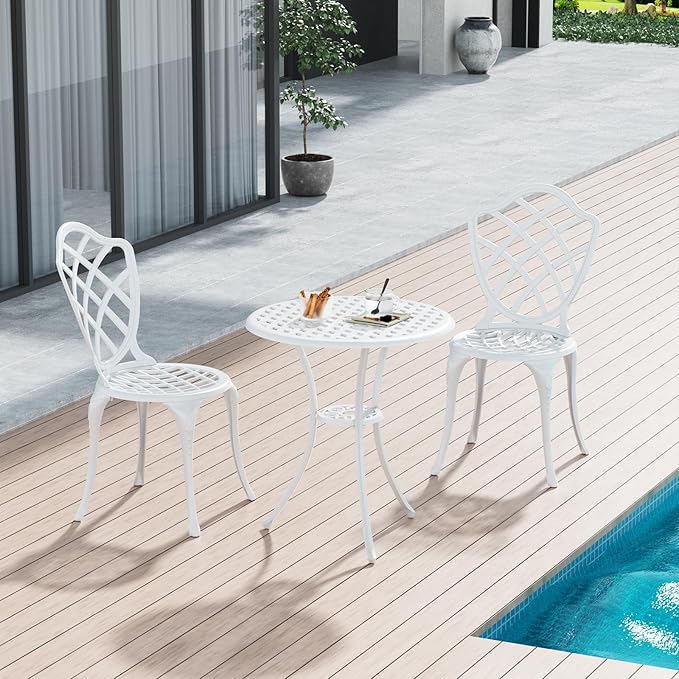 3 Piece Patio Bistro Set, Outdoor Bistro Table and Chairs Set of 2 w/Umbrella Hole, Rust-Resistant Cast Aluminum Bistro Set for Garden/Balcony/Backyard, White