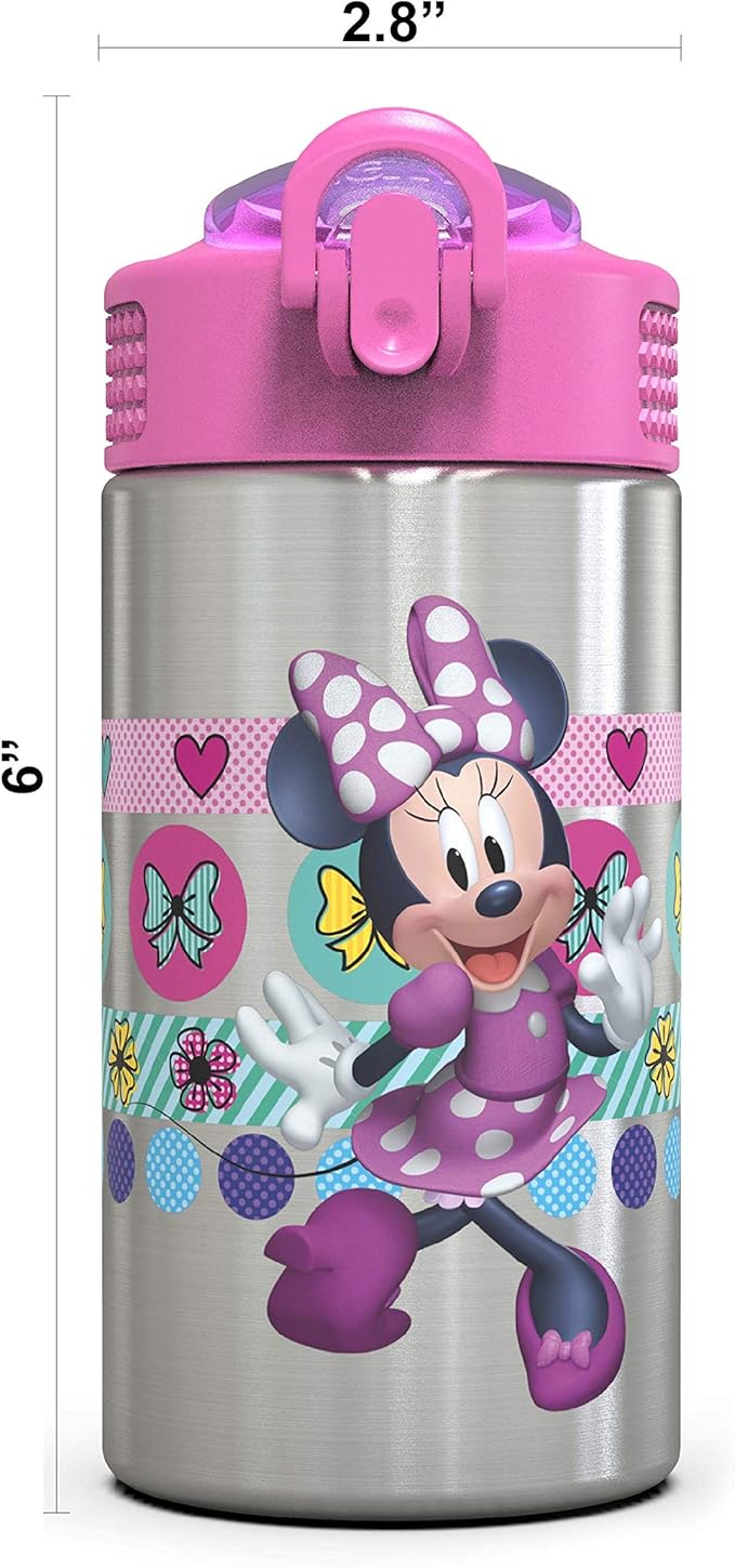 Zak Designs Disney Minnie’s Happy Helpers - Stainless Steel Water Bottle with One Hand Operation Action Lid and Built-in Carrying Loop, Kids Water Bottle with Straw Spout (15.5 oz, 18/8, BPA Free)
