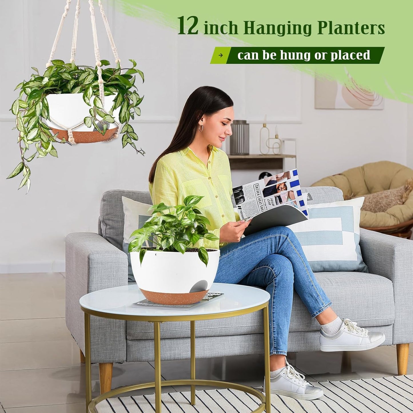 Hanging Planters for Outdoor Indoor Plants, 2 Pack 12 Inch Hanging Basket Plants Outdoor, Self Watering Hanging Planter with Plant Hanger for Garden Home Decoration (2 Type Plant Hangers White)