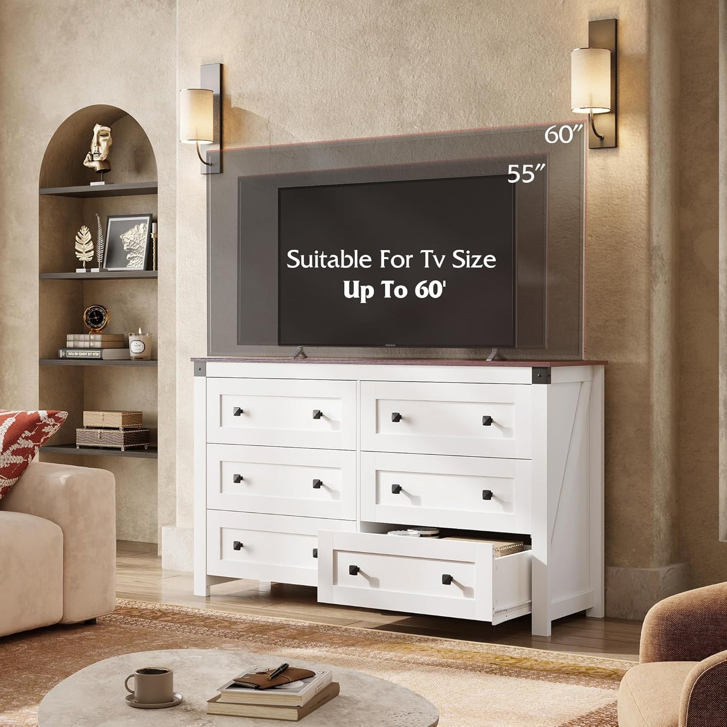 WLIVE Farmhouse 6 Drawer Dresser for Bedroom, 53.07'' Wide Wood Dresser, White Dressers Storage Organizer with Double Rustic Handle, TV Stand for 60 inch TV, Chest of Drawers for Living Room, Hallway