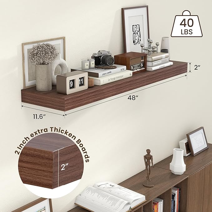 12 Inch Deep Floating Shelves, 48W x 12D Rustic Large Floating Shelves, Deep Walnut Wood Wall Shelves Set of 1 for Living Room Bathroom Laundry Room Bedroom Kitchen Home Office - Walnut