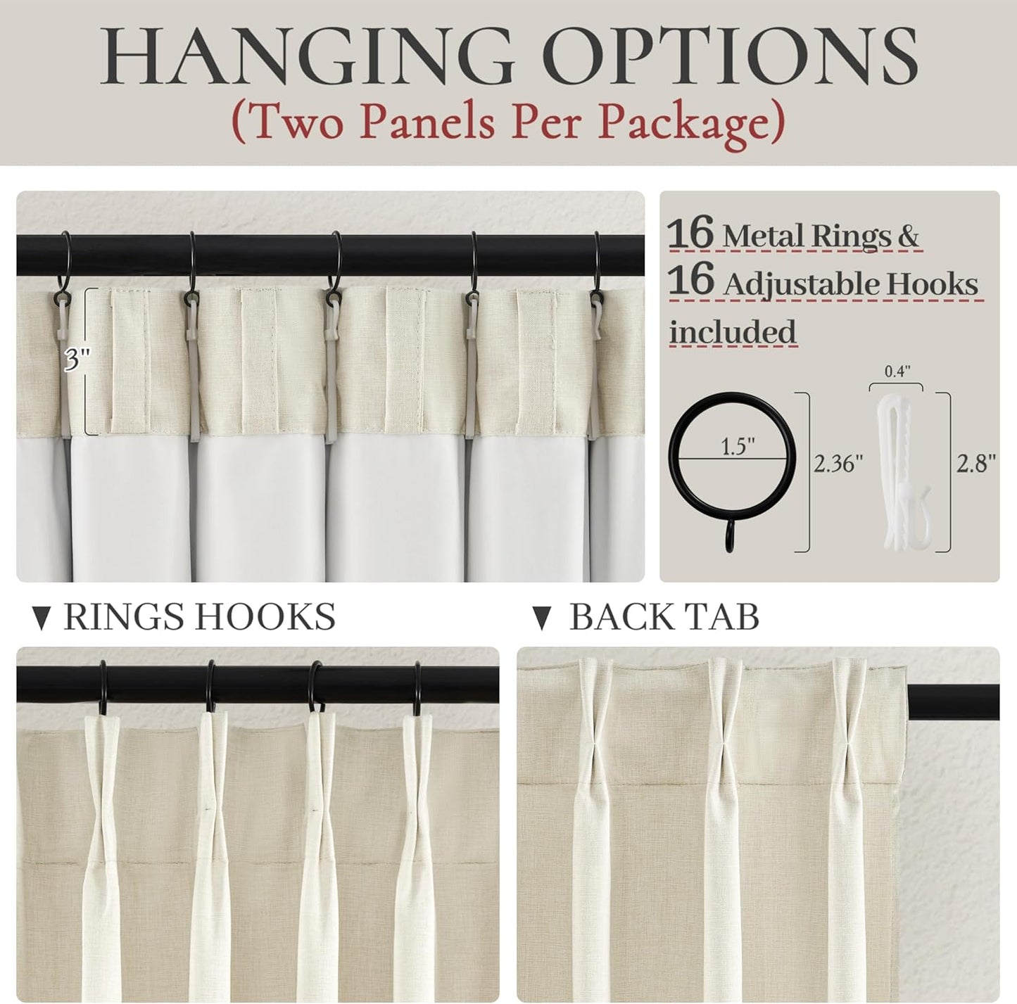 Cream Linen Curtains 120 Inches Long for Bedroom, Ceiling Mount Track Curtains with Back Tab Pinch Pleated Blackout Drapes for Sliding Glass Patio Doors Inside 10 ft Large Window Farmhouse 2 Panels