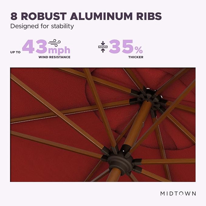 Midtown Umbrellas Sunbrella Umbrella Large Patio Umbrella 2-10 Feet in Sunbrella Red Fabric Auto-Tilt Aluminum Frame Backyard Umbrella, Deck Umbrella, Garden Umbrella & Porch Umbrella - Wooden Pole