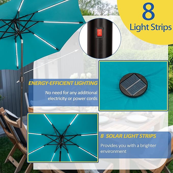 Sunnyglade 9FT Outdoor Solar LED Lighted Patio Umbrella with 8 LED Strip Lights & 8 Ribs, Convenient Crank Lift System