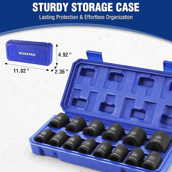 WORKPRO 1/2” Drive Shallow Impact Socket Set, Metric Cr-V Steel 6-Point Socket Set with Storage Case for Automotive Maintenance and Repairs (14PCS 10-27mm)