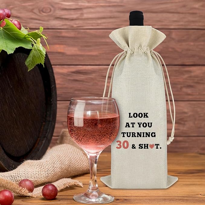 Funny 30th Birthday Gifts for Women Men Wine Bag Turning 30 Year Old Birthday Gift Ideas for Wife Mom Sister Aunt Friends Coworker Birthday Party Decors Happy Birthday Gift Cotton Burlap Wine Wrap Bag