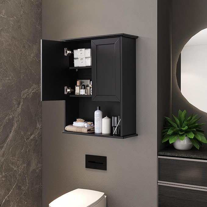 Black Bathroom Wall Cabinet 23x29 inch Wooden Bathroom Medicine Cabinet with 2 Doors and Adjustable Shelf, Wall Mounted Cabinet Over Toilet Storage Cabinet