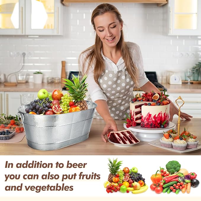 Nuogo 4 Pcs Stainless Steel Oval Ice Buckets for Parties 15 Qt/ 4 Gallon Galvanized Metal Drink Bucket with Handles Leak Resistant Beverage Tub Rustproof Wine Cooler Bucket Beverage Chiller(Silver)