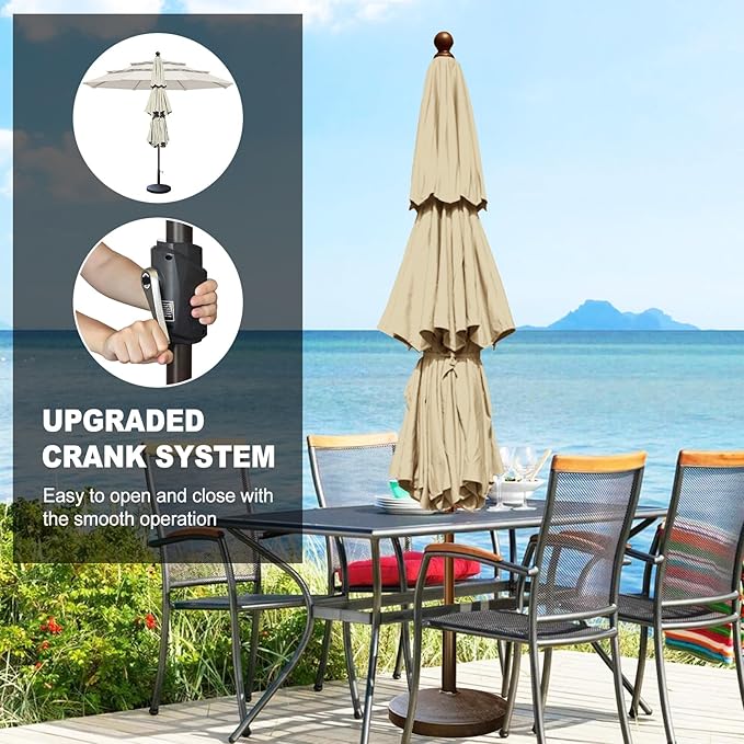 Eurmax USA 10-Year-Non-Fading 10Ft 3 Tiers Market Umbrella Outdoor Patio Umbrella Table Umbrella with 8 Ribs,Hand Crank and Ventilation (Sand)