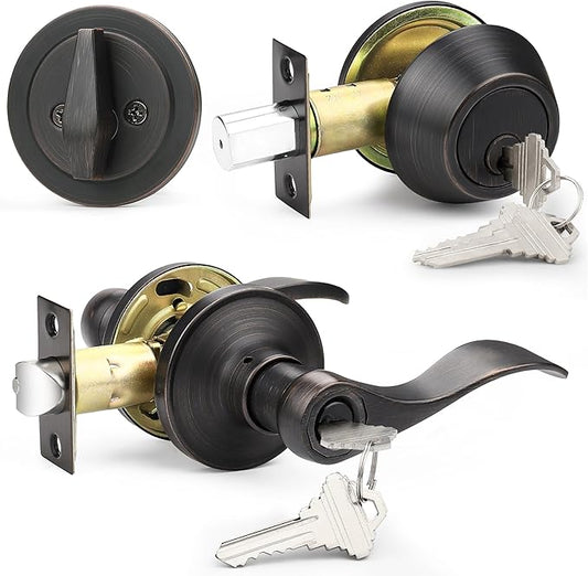 Probrico Deadbolt Handle Set Bronze Keyed Alike Door Lock, Front Entry Door Handle Exterior Door Lock Set, Single Cylinder Wave Style