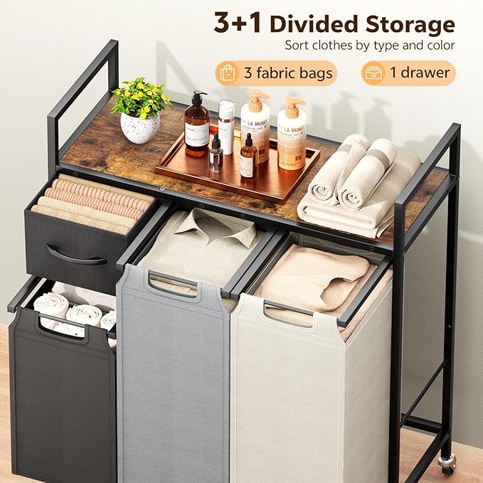 145L Laundry Hamper: Laundry sorter 3 Section - Laundry Room Organization and Storage with 4 Pull-Out Drawers, Removable Oxford Bags, Lockable Wheels & Sturdy Shelf for Home, Bathroom, Bedroom