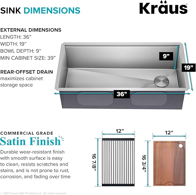 KRAUS Kore 36 Inch Undermount Workstation 16 Gauge Stainless Steel Single Bowl Kitchen Sink with Accessories, KWU110-36