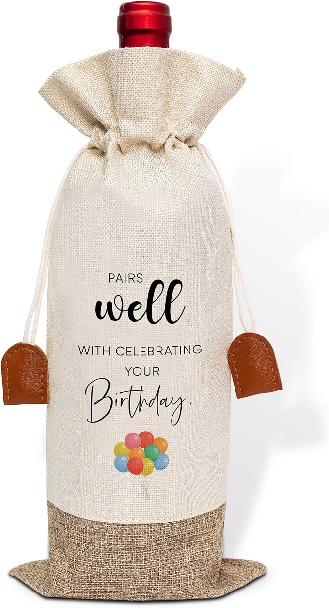 Funny Birthday Wine Bag, Cotton Linen Wine Gift Bag With Drawstring, Wine Champagne Bottle Gift Bag, Birthday Gifts Ideas for Men Woman Her Girl Friend Sister, Birthday Party Favors-35