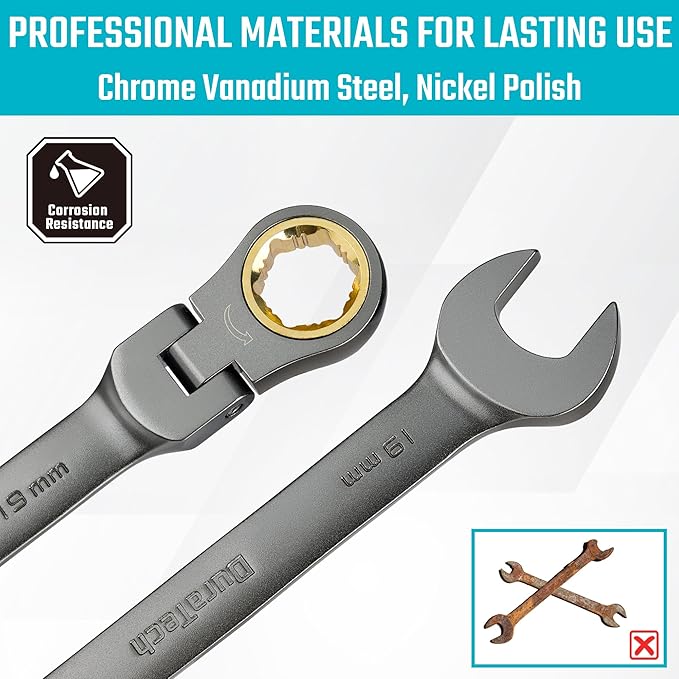 DURATECH Anti-Slip Flex-Head Ratcheting Wrench Set, Combination Wrench Set, 12-Piece, 72-Tooth, Metric, 8-19 mm, CR-V Steel, Organized in Storage Case