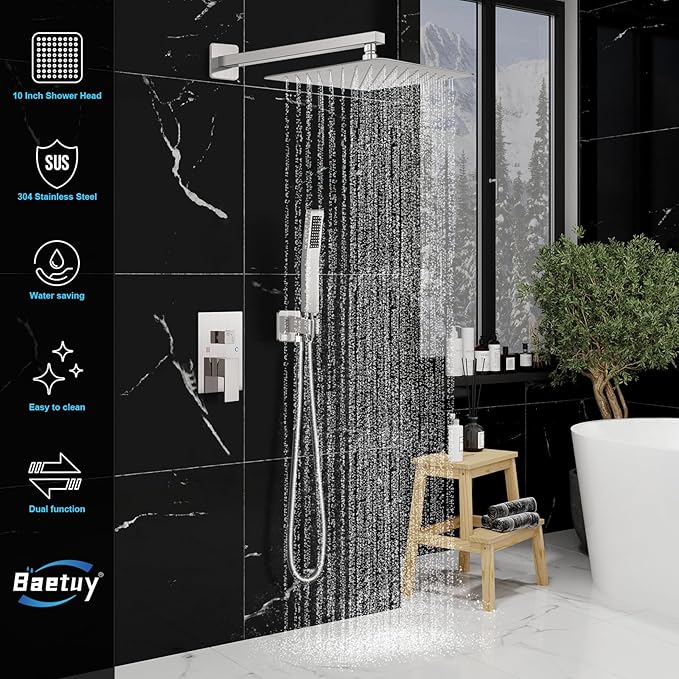 Shower Faucet Set Bathroom Square Rain Shower Head and Handle Set, Wall Mounted Shower Fixtures With Shower Valve and Trim Kit 12 inch Brushed Nickel