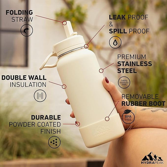 Hydrapeak 40oz Sport Insulated Water Bottle with Straw or Chug Lid, Leak & Spill Proof, Keeps Drinks Cold for 24 Hours, Hot for 12 Hours, Premium Stainless Steel Water Bottles (40oz, Orchid)