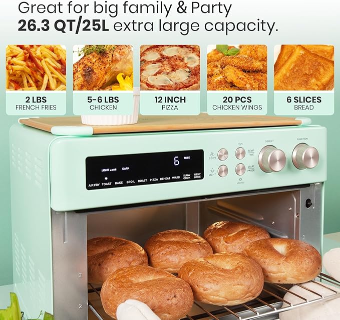 Retro Style Infrared Heating Air Fryer Toaster Oven, Extra Large Countertop Convection Oven 10-in-1 Combo, 6-Slice Toast, Enamel Baking Pan Easy Clean with Recipe Book, Green Color