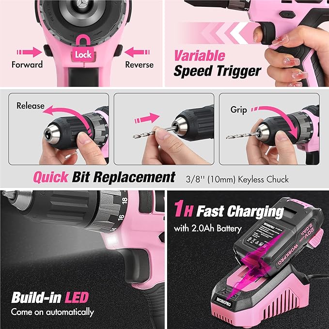 WORKPRO Pink Household Tool Kit with Drill, 157PCS Tool Set with 20V Cordless Lithium-ion Drill Driver, Home Tool Kit for All Purpose, Power Drill Sets with Pink Tool Bag - Pink Ribbon