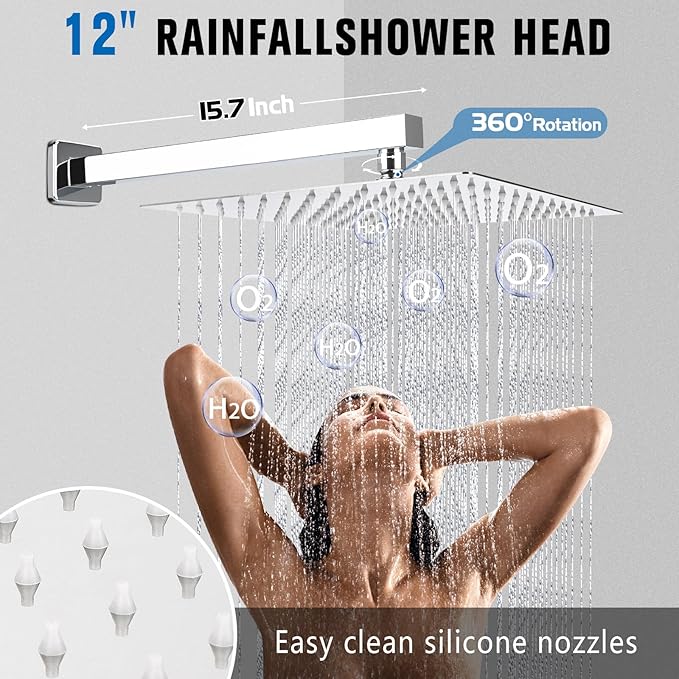 12 Inch Rainfall Shower System - Wall Mounted Complete Combo with Solid Brass Pressure Balancing Valve, High Pressure Shower Head, Handle Set & Installation Accessories Chrome