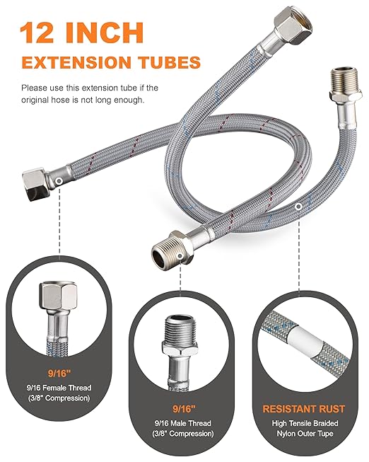 G3/8 (9/16") Sediment Water Filter with 12" Hoses - 35 Micron Reusable House Under Sink Inline Water Filter Conncet Angle Valve, Compression Fitting for Sink Faucet Bathroom Kitchen (2 Pack)