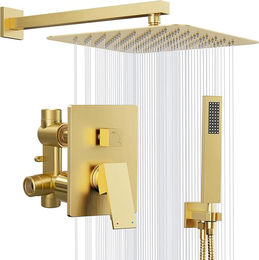 Gold Shower System, 10'' Square Rainfall Shower Head with Handheld Combo Spray, Bathroom Brushed Gold Shower Faucet Set with Valve, 59'' Shower Hose, Shower Trim Kit and Diverter, Wall Mounted