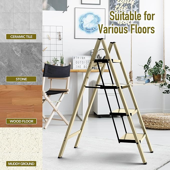 4 Step Ladder,Aluminum Folding Step Ladder for Adults,Step Ladder with Wide Anti-Slip Pedal,330 lbs Capacity for Home,Office,Kitchen,Library(Gold)