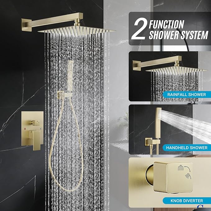 Shower Faucet set with Shower head, Wall Mount 10 Inch Round Rainfall Shower Head and Handle Set Single Handle Shower System Set with Female Threads Valve Body and Trim Included (Brush Gold)