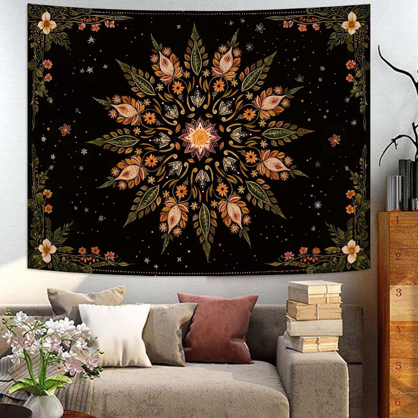 Fowocu Boho Floral Mandala Tapestry for Bedroom Aesthetic Vintage Bohemian Flower Wall Tapestry Black Green Hippie Indian Small Tapestries Wall Hanging for Living Room Dorm Decor 48 x 36 Inch