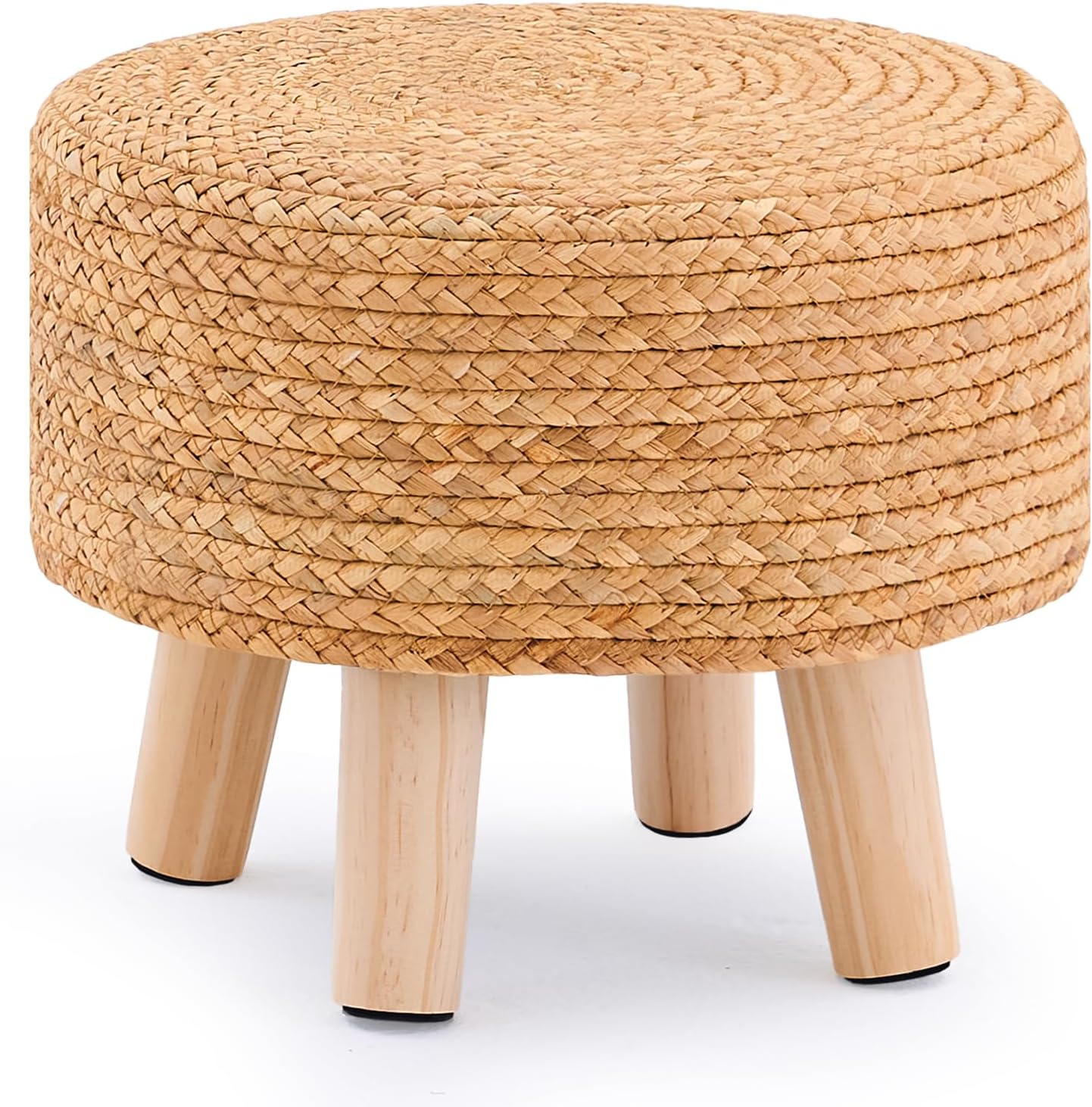 Handwoven Round Ottoman, Natural Water Hyacinth Outdoor Patio Pouf Seagrass Low Stool with Wood Legs, Soft Padded Footrest for Living Room Bedroom Garden, Natural