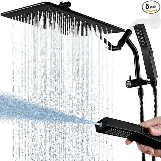 G-Promise All Metal 12 Inches Rain Shower Head with Handheld Built-in Power Wash Mode, 3-way Diverter with Pause Setting, 11 Inches Adjustable Extension Arm with Lock Joint, Long Hose (Matte Black)
