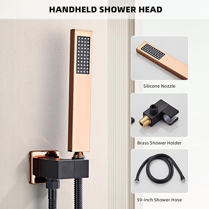 Shower Faucet Set Complete with Tub Spout Matte Black and Rose Gold Shower System with 10 inch Rainfall Shower Head and Handheld Shower Rain Shower Combo for Bathroom Wall Mounted