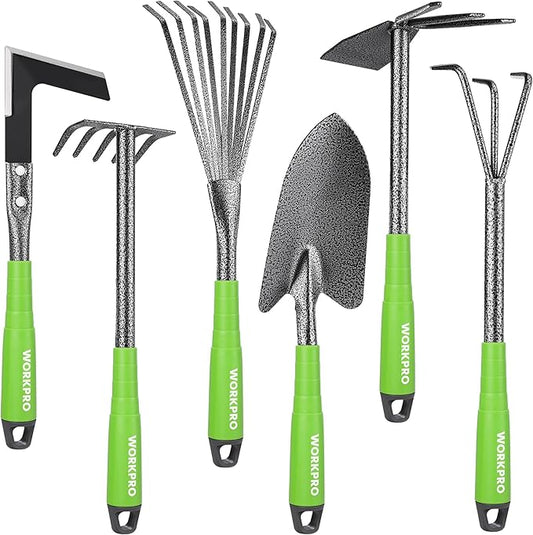 WORKPRO 6-Piece Garden Tool Set, Heavy Duty Gardening Hand Tools with Soft Rubber Handle, Including Trowel, Rakes, 2-in-1 Hoe and Crack Weeder, Ideal Gardening Gifts for Men and Women