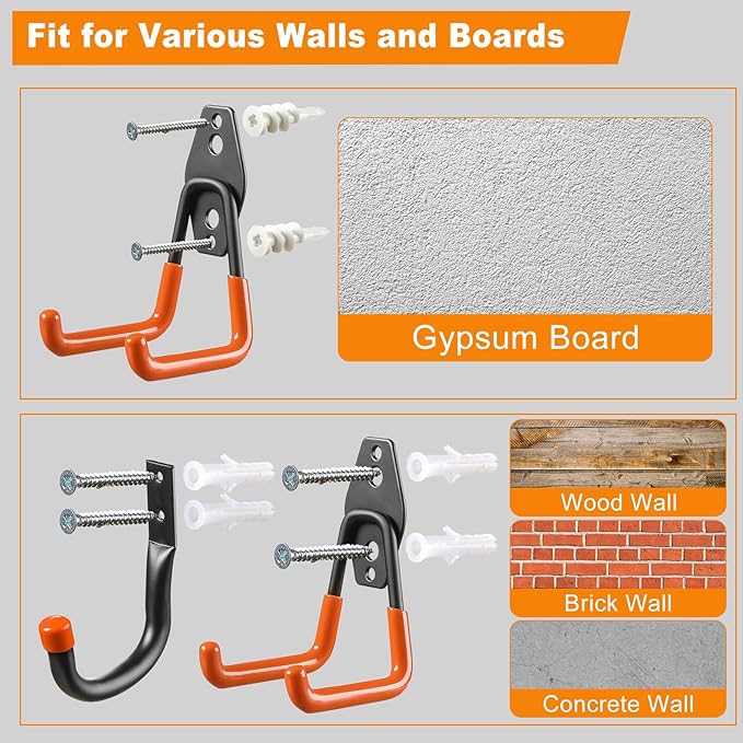 LANDNEOO Garage Hooks, 20-Pack Steel Garage Accessories for Organization and Storage, Heavy Wall Mount Duty Hooks with Anti-Slip Coating for Hanging Ladder, Bike, Power Tools and More Tools, Orange