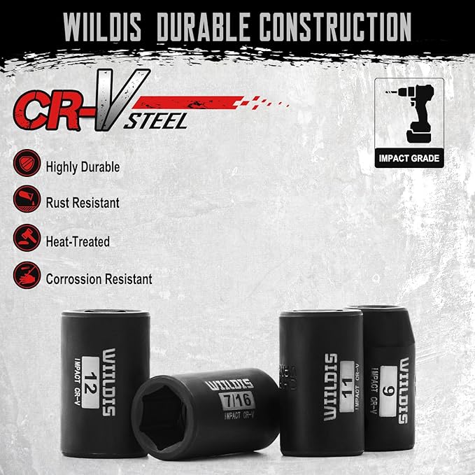 26 PCS 3/8" Drive SAE and Metric Impact Socket Set, SAE 5/16” to 7/8", Metric 7mm to 22mm, Premium Cr-V Steel, 6-Point Hex Designt,Cr-V Steel