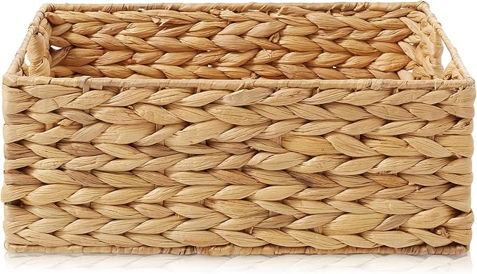 Casafield Set of 2 Water Hyacinth Pantry Baskets, 12-1/2" x 17" x 8", with Chalkboard Labels and Chalk Marker - Natural, Woven Storage Bin Organizers for Kitchen Shelves