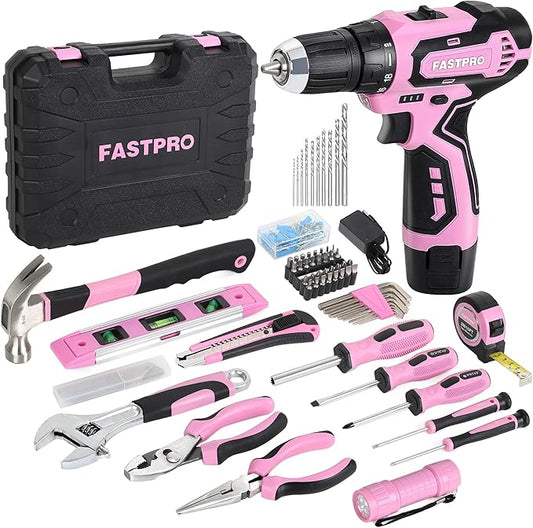 FASTPRO 160-Piece Pink Tool Set with 12V Cordless Lithium-ion Drill Driver, Lady's Home Repairing Tool Kit with Drill in Storage Case, For DIY, Home Maintenance.