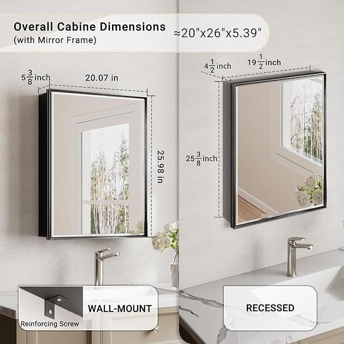 20''x 26'' Black Medicine Cabinet Mirror, Surface or Recessed Aluminum Framed Medicine Cabinet with Beveled Mirror, Full-Assembled, Adjustable Shelves,Reversible Bathroom Mirror with Storage